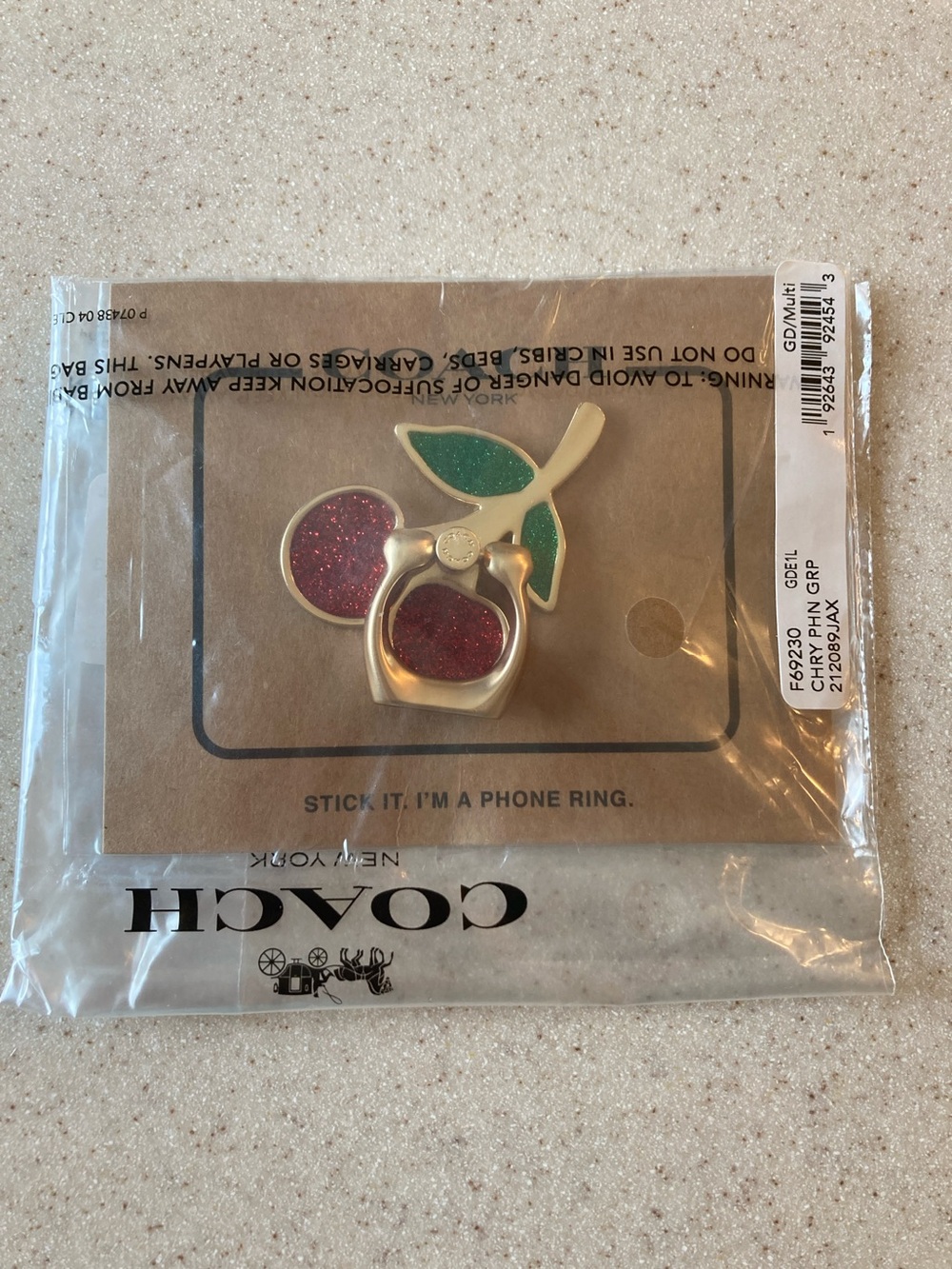 NWT Coach Cherry Phone Ring Grip - Gold with Red and Green Glitter - Picture 2 of 4
